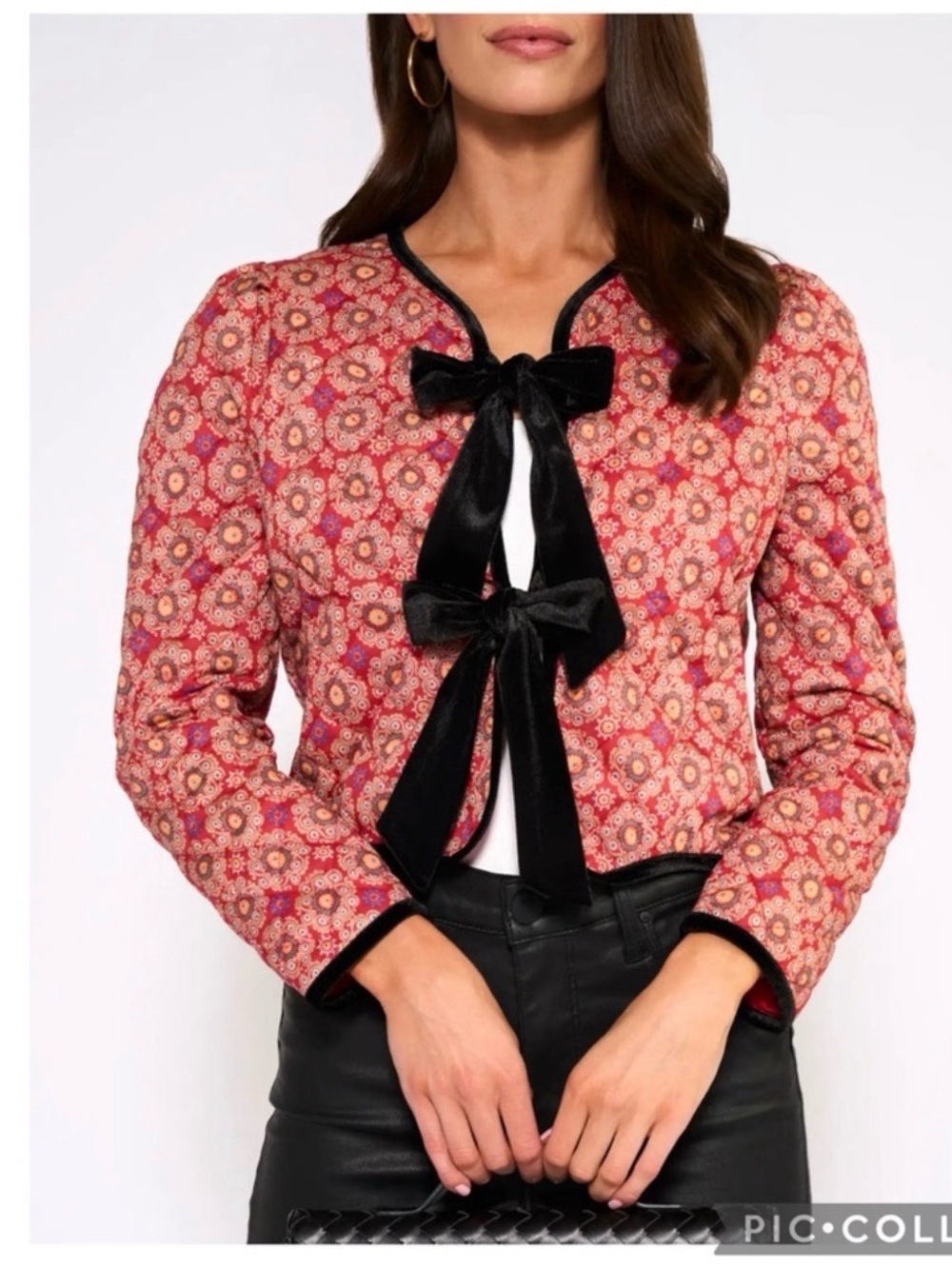 Avara Ember Red Floral Bow-Front Quilted Blazer Jacket